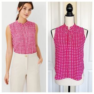 Ann Taylor XXSP Petite Pink White Gingham Camp Sleeveless Shirt Front Pocket